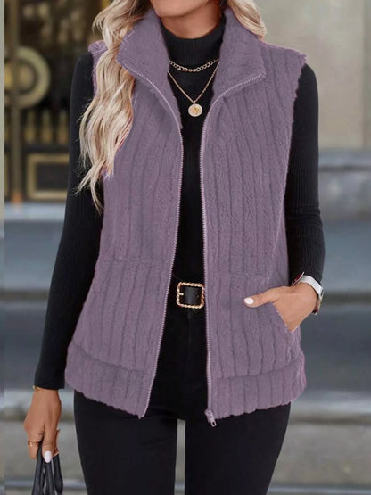 Full Size Fleece Zip-Up Vest Coat Plus Size Purple