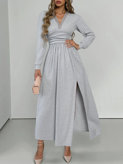 Lace Detail V-Neck Maxi Dress with Side Slit