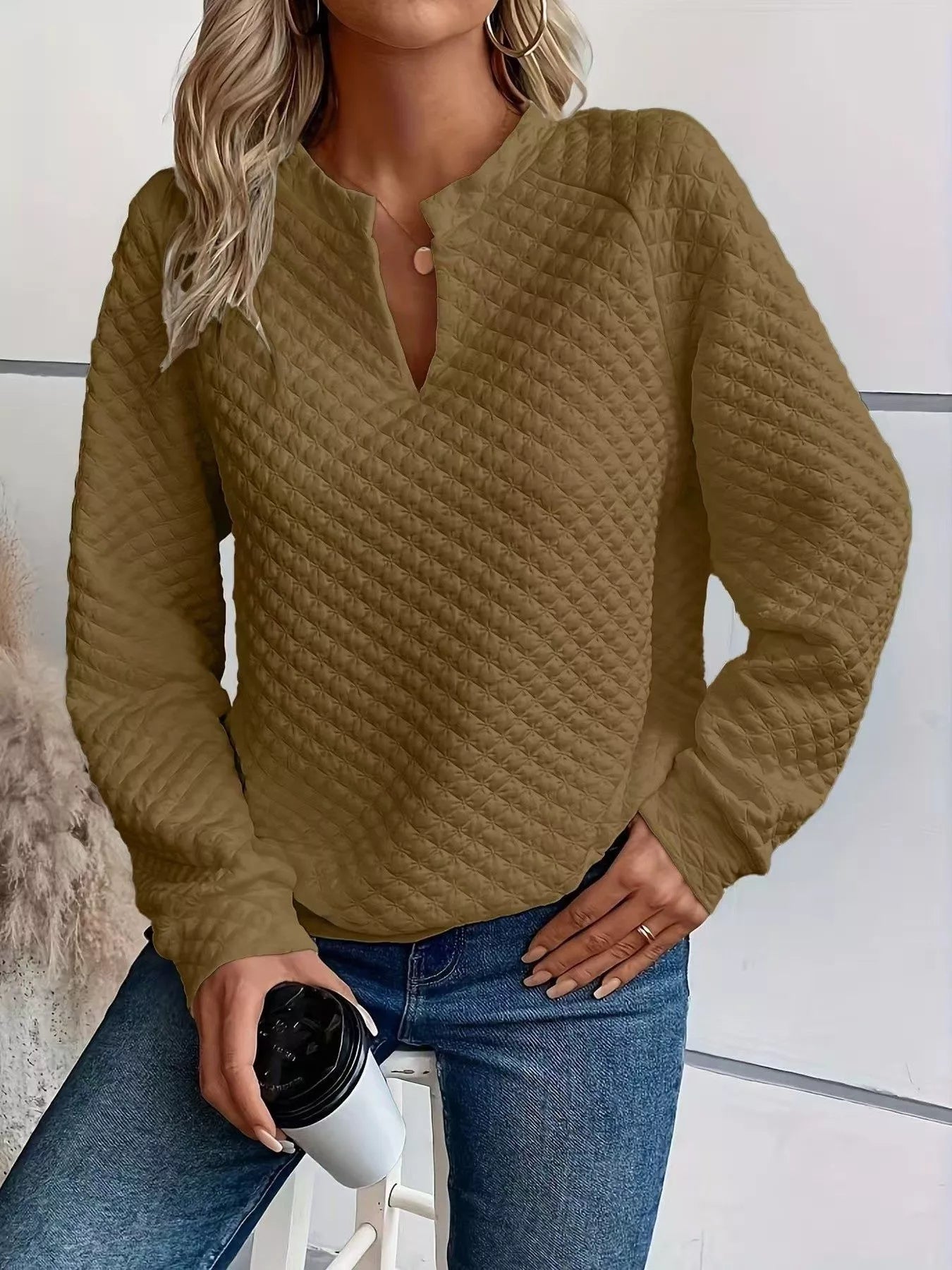 Notched Raglan Sleeve Sweatshirt Brown