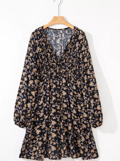 Floral Deep V Neck Smocked Bust Bubble Sleeve Babydoll Dress