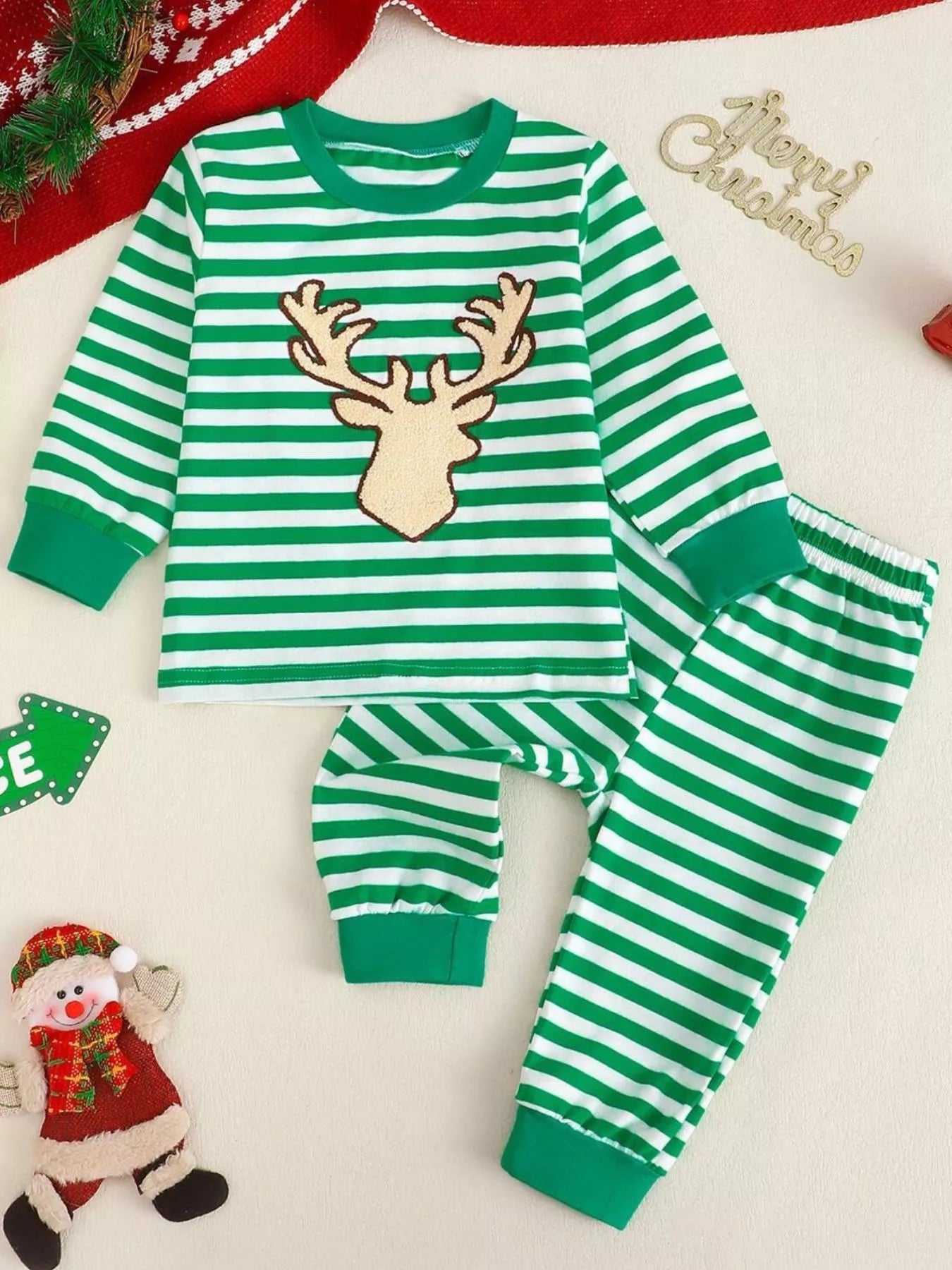 Children's Christmas Striped Pajama Set Gum Leaf
