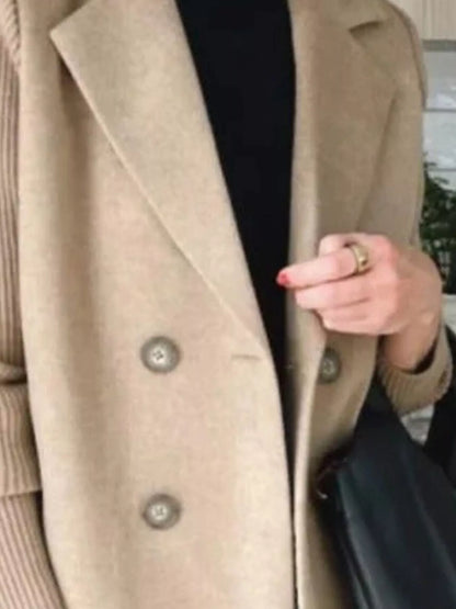 Full Size Knitted Sleeve Wool Blend Double-Breasted Blazer Plus Size Khaki