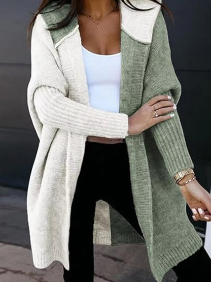 Two-Tone Open Front Knit Hooded Cardigan Matcha Green