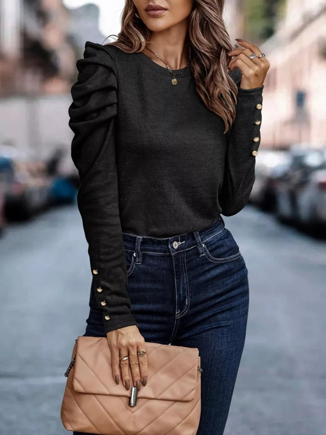 Puff Sleeve Round Neck T-Shirt