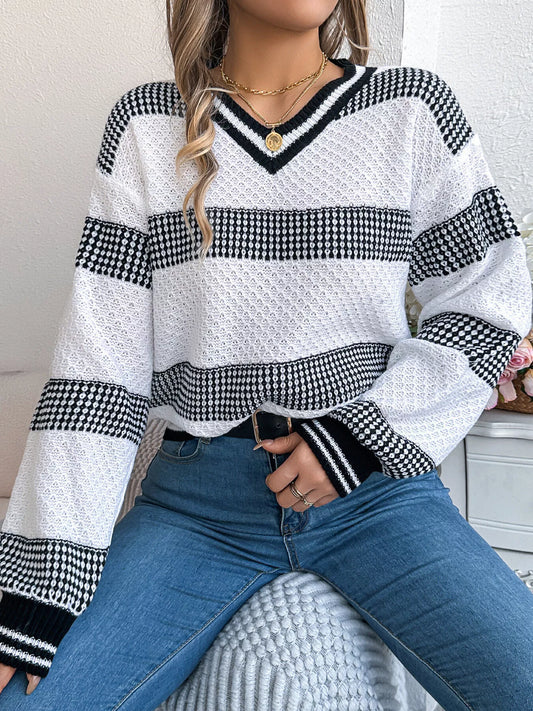 Contrast Striped V-Neck Sweater White