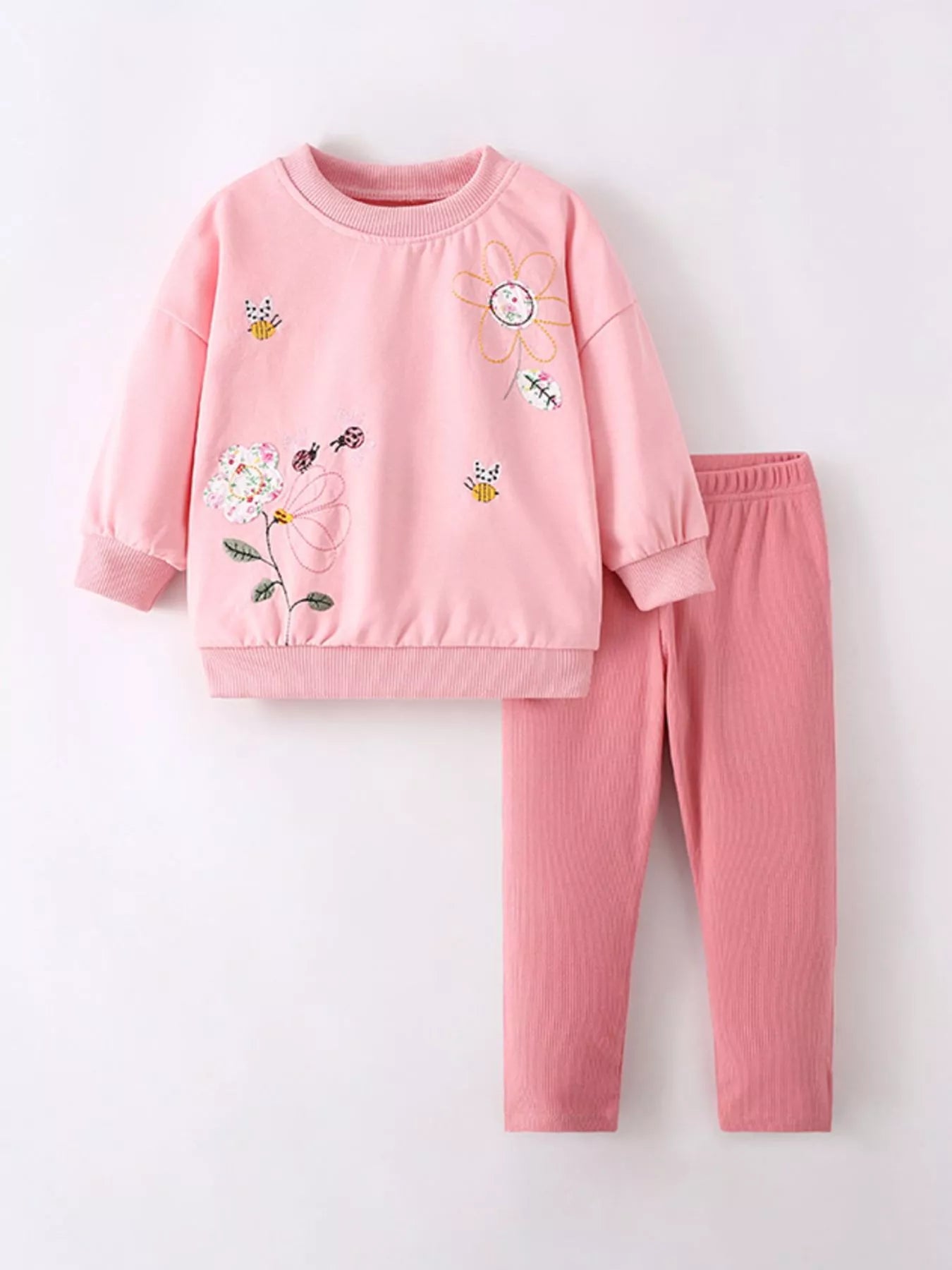 Children's Floral Embroidered Sweatshirt & Pants Set Dusty Pink