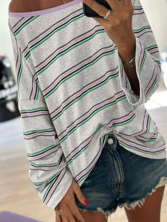 Stripe Oversize Drop Shoulder Long Sleeve Casual Top Stripe
