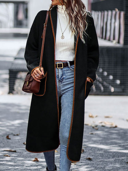 Full Size Contrast Trim Long Sleeve Coat with Pockets Black