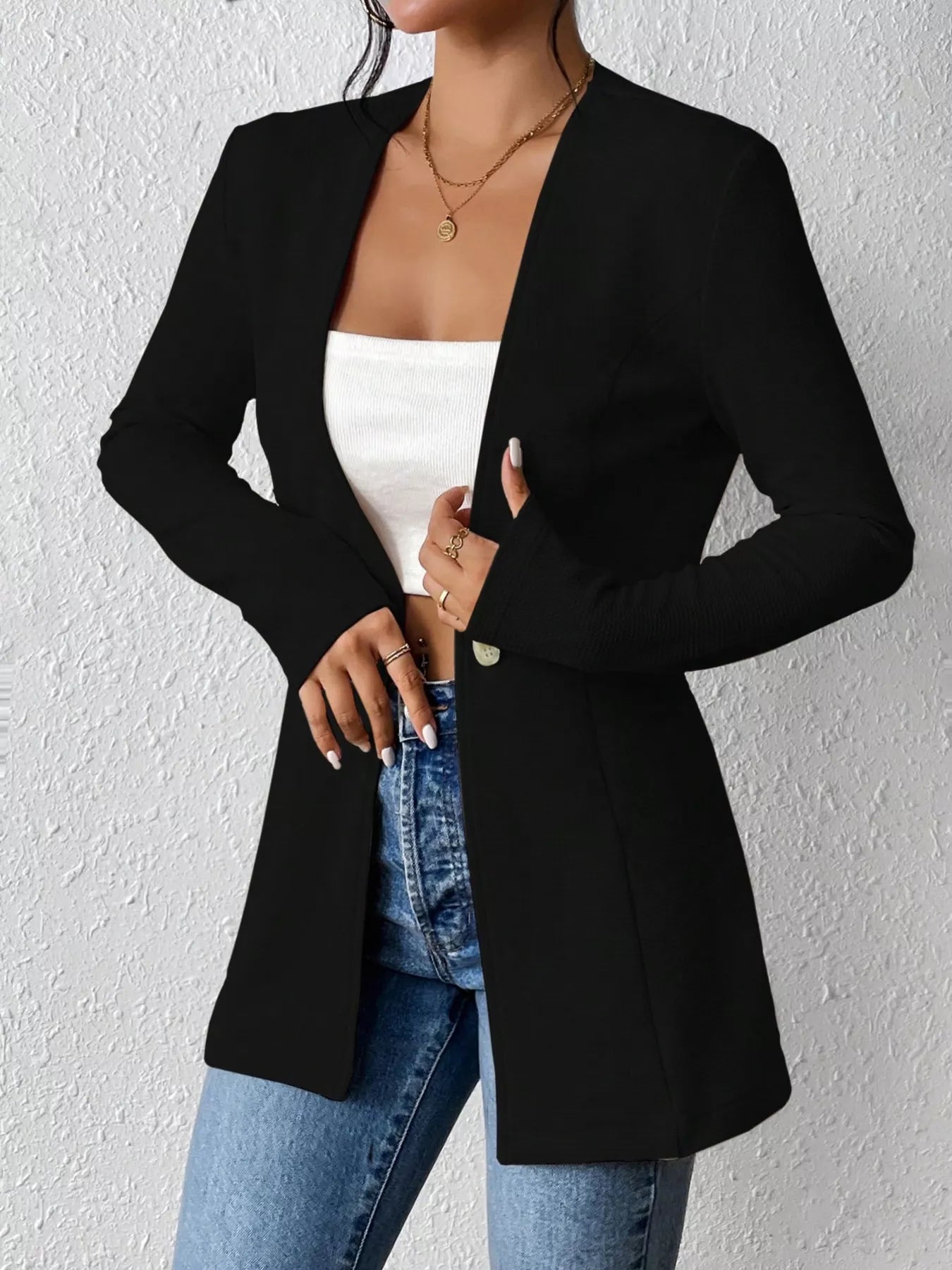 One Button Long Sleeve Blazer Black