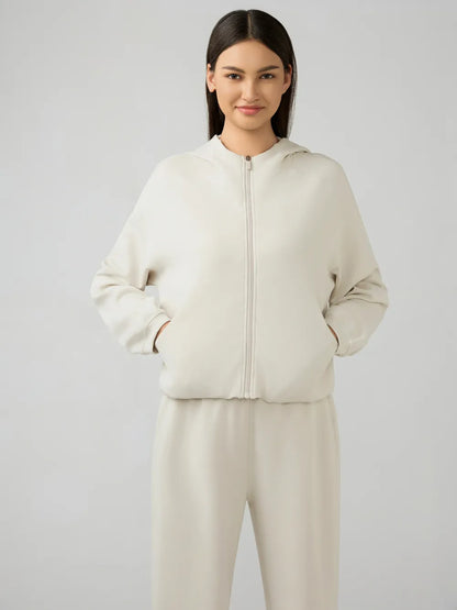 Millennia Zip Up Dropped Shouder Active Hooded Cream