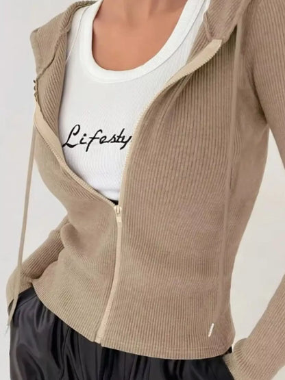 Ribbed Knit Zip-Up Hooded Cardigan