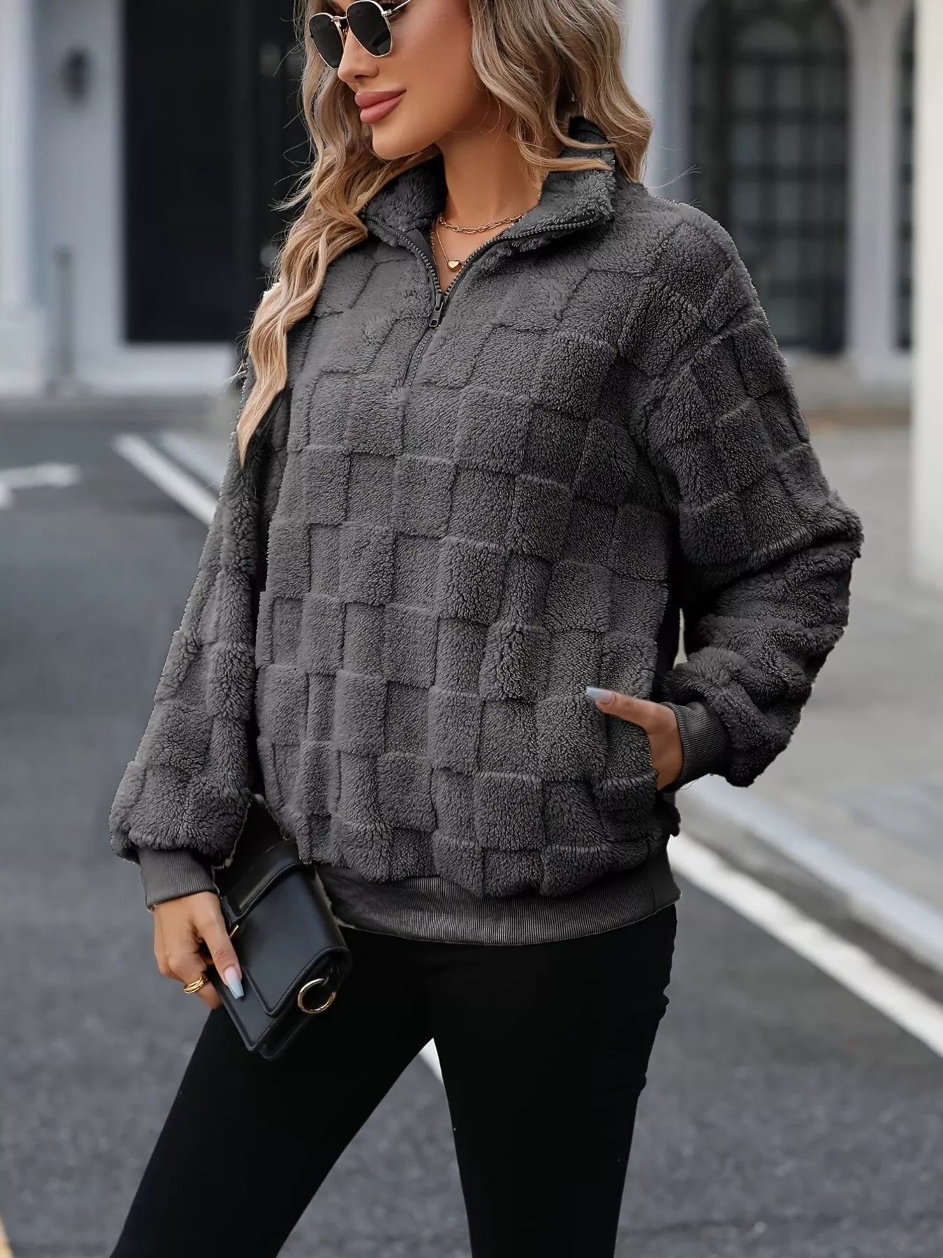 Cozy Checkered Fleece Quarter Zip Sweatshirt Dark Gray