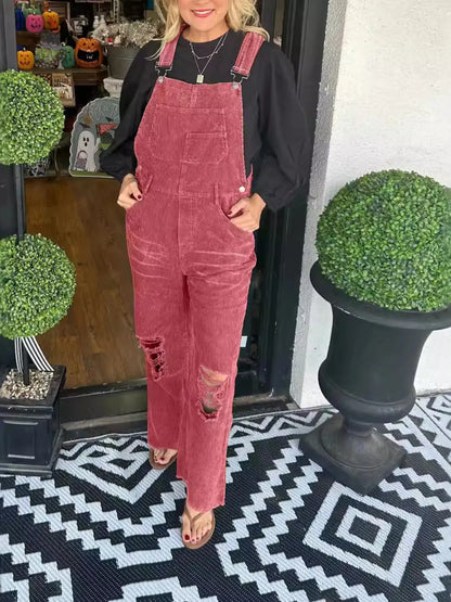 Distressed Wide Leg Corduroy Overalls Brick Red