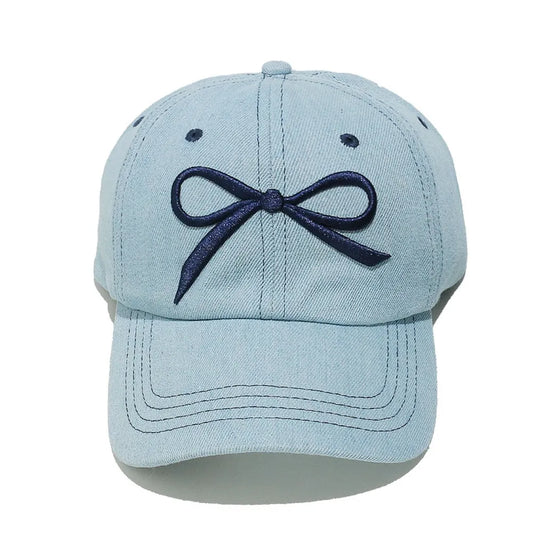 Bow Embroidered Denim Baseball Cap Light Blue One Size