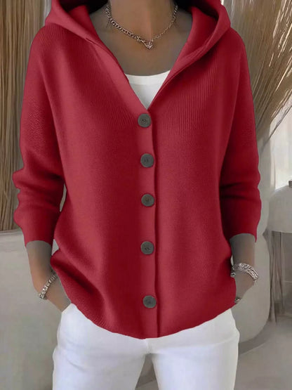 Full Size Hooded Button-Front Soft Knit Cardigan Plus Size Burgundy