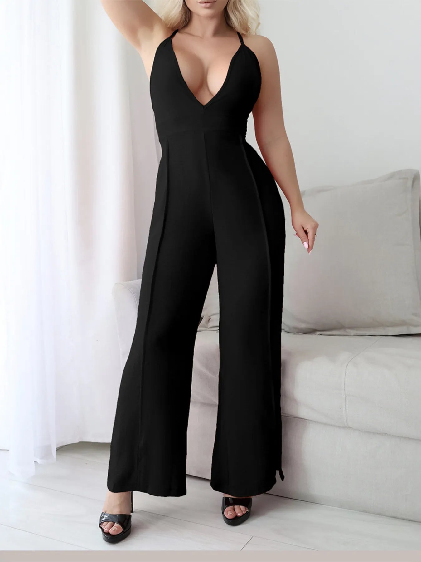 Crisscross Back V-Neck Wide Leg Jumpsuit Black