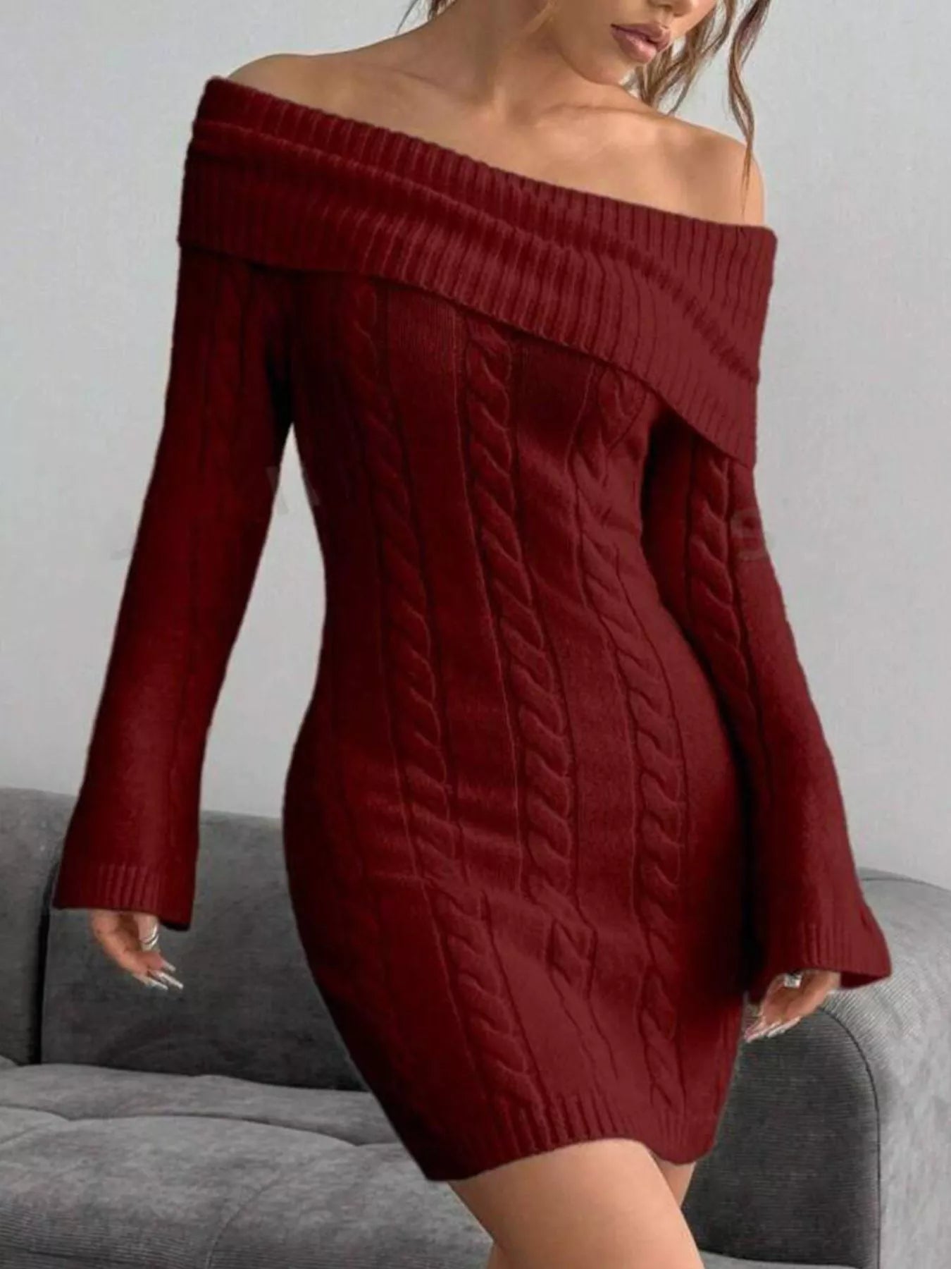 Off-Shoulder Cable Knit Bodycon Sweater Dress