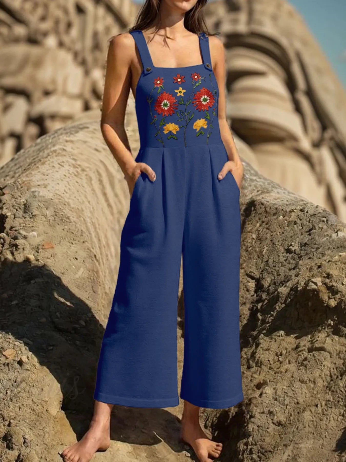 Floral Embroidered Wide Leg Jumpsuit Dark Blue