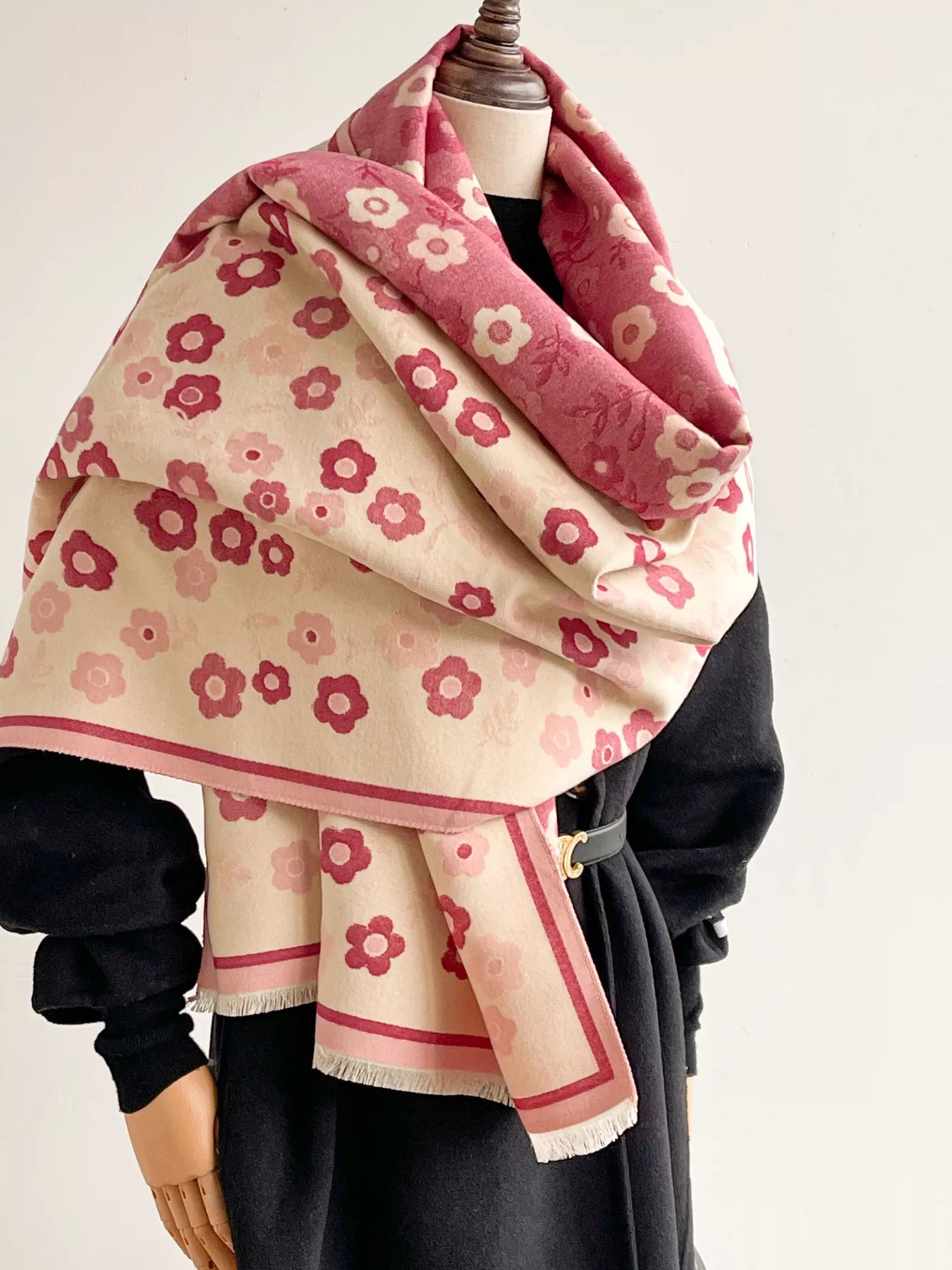 Floral Print Warm Winter Scarf Pink One Size