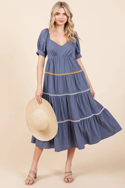 Lime 'N' Chili Trim Detail Puff Sleeve Tiered Maxi Dress