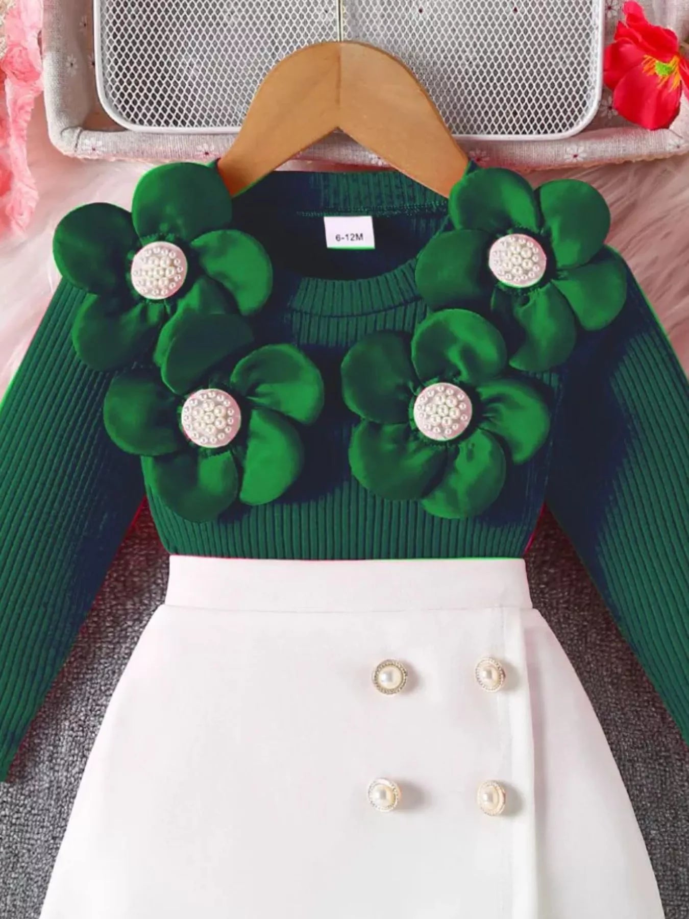 Children's Floral Applique Ribbed Top & Button Decor Skirt Set