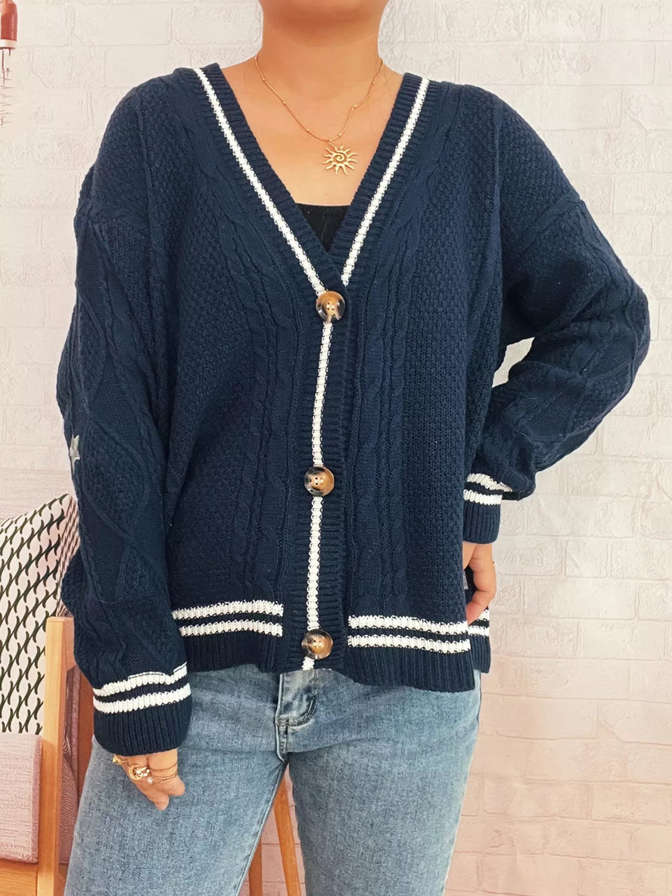 Star Pattern Button-Up Cardigan with Contrast Trim Dark Blue One Size
