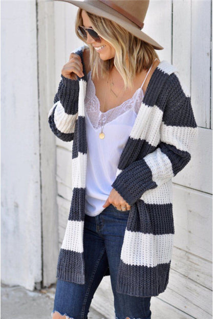 Contrast Stripes Open Front Long Sleeve Cardigan