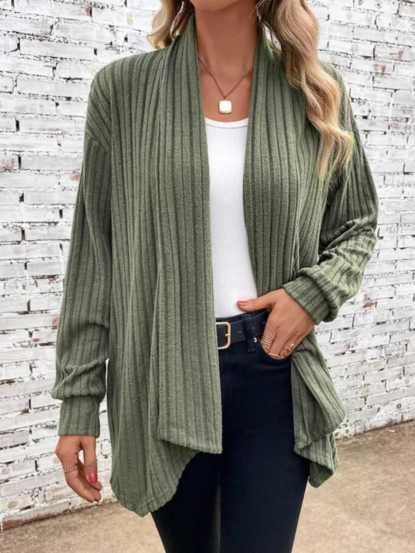 Full Size Ribbed Knit Open Front Cardigan Plus Size Olive