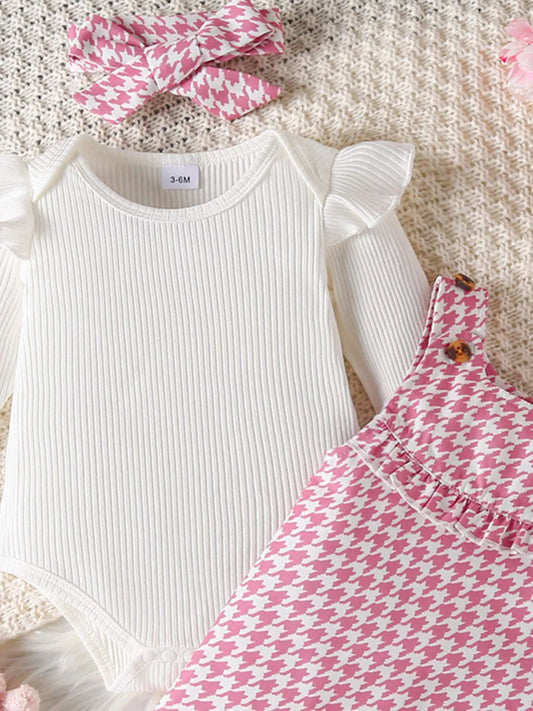 Children's Ruffled Trim Bodysuit and Dress Set with Headband