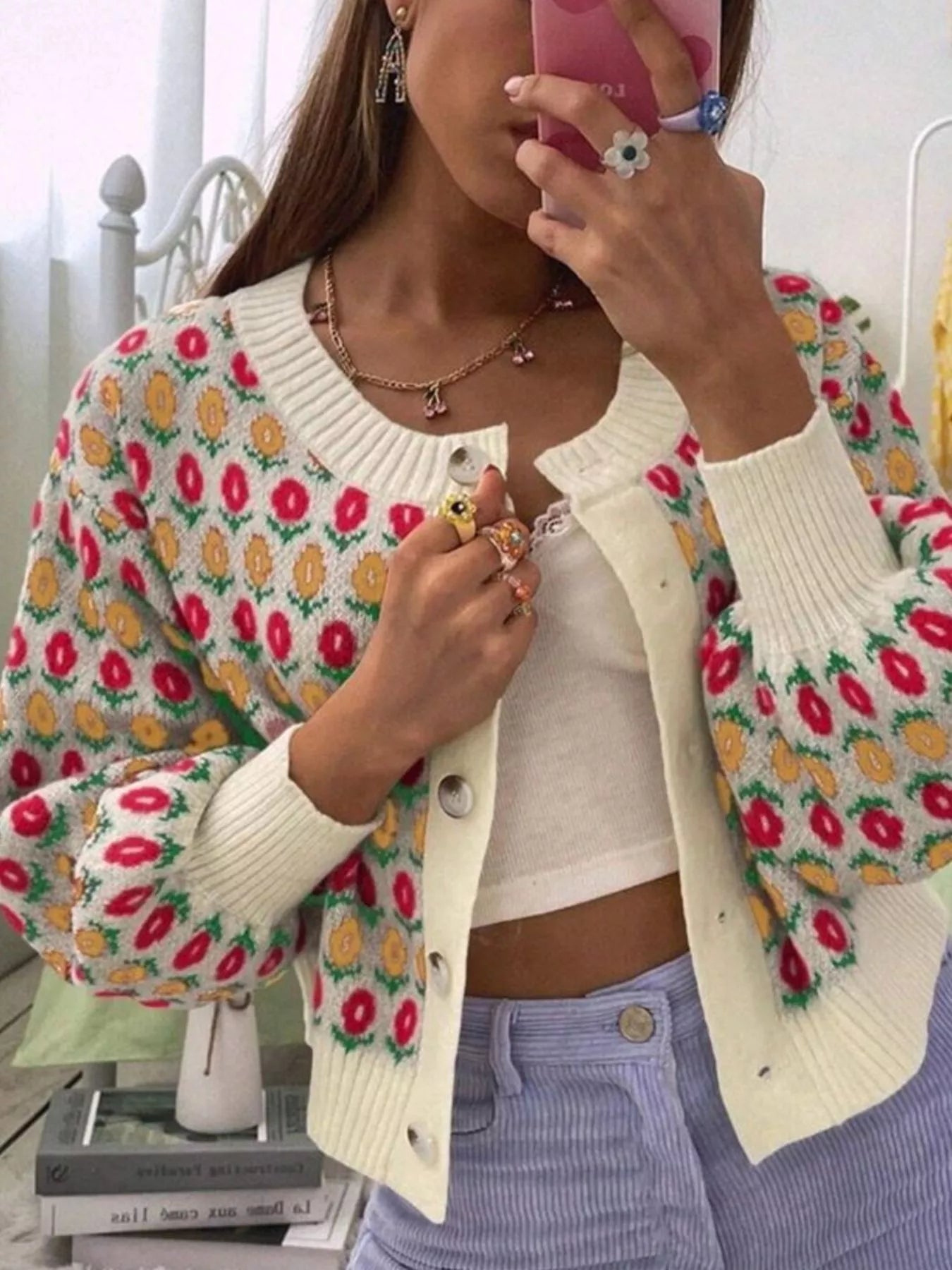 Floral Button Up Long Sleeve Cardigan Pastel Yellow