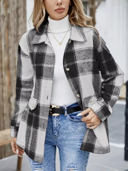 Plaid Button-Up Long Sleeve Shacket Black