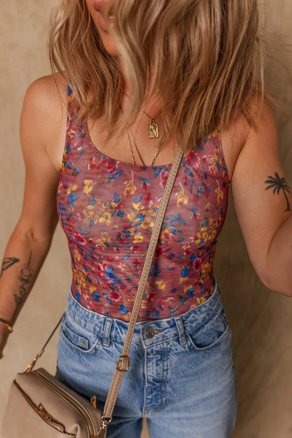 Floral Mesh Scoop Neck Wide Strap Bodysuit