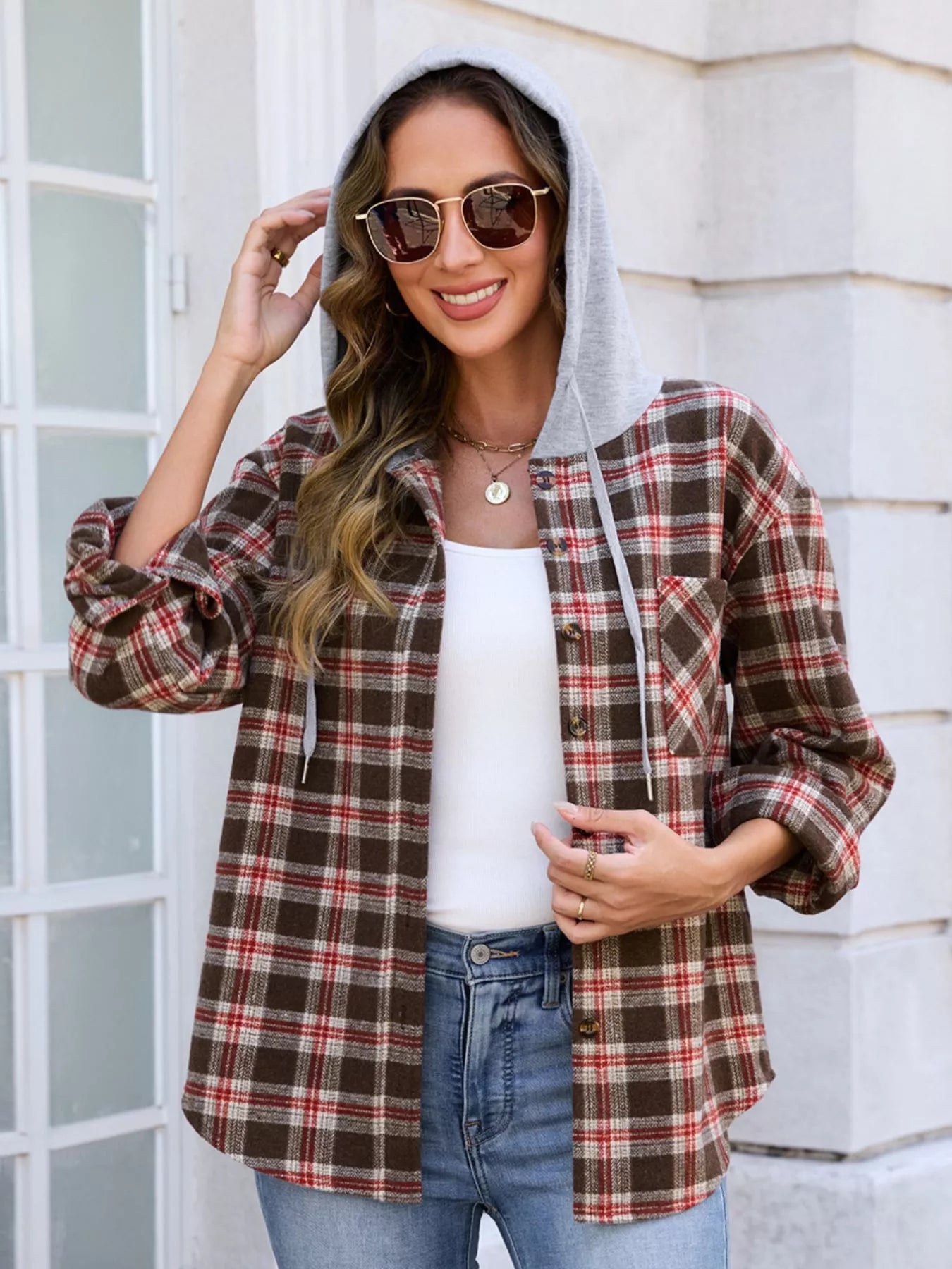 Hooded Plaid Button-Up Shacket