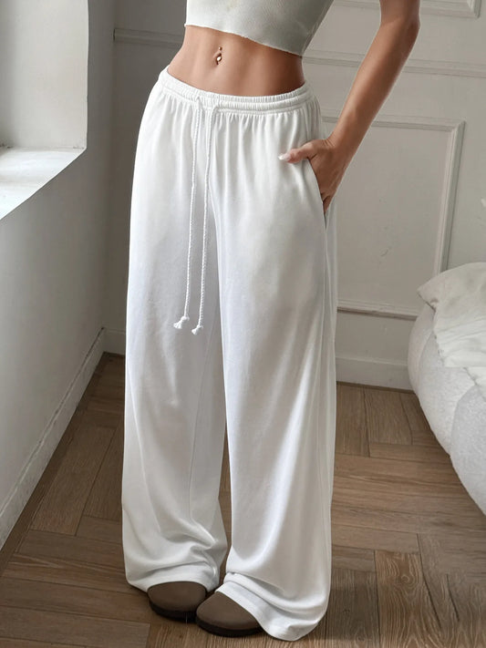 Relaxed Wide Leg Drawstring Pants White