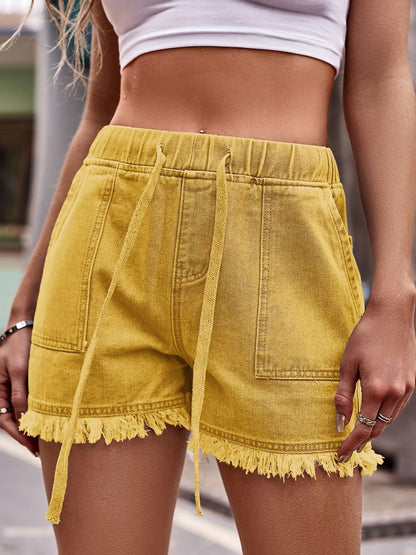 Relaxed Drawstring Denim Shorts Honey
