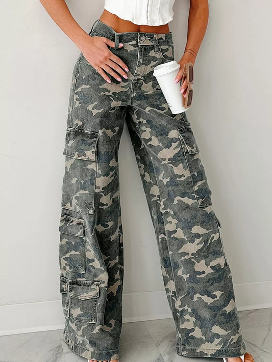 Camo Print Wide Leg Cargo Jeans Green Camouflage