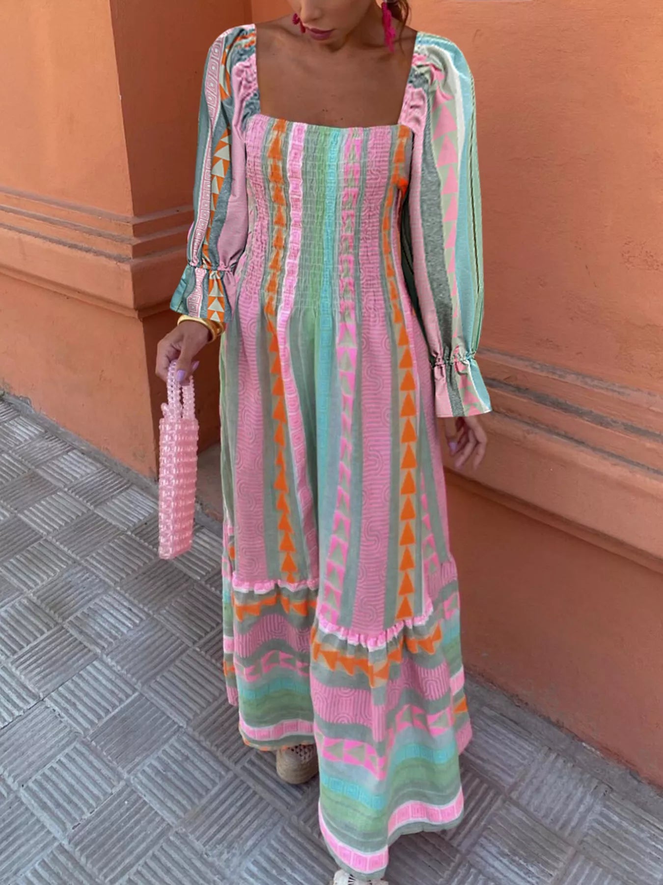 Smocked Square Neck Flounce Sleeve Maxi Dress Pink