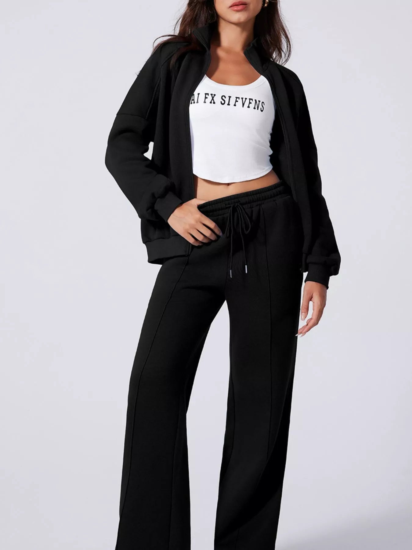 Drop Shoulder Zip Up Jacket and Drawstring Pants Active 2pcs Set Black