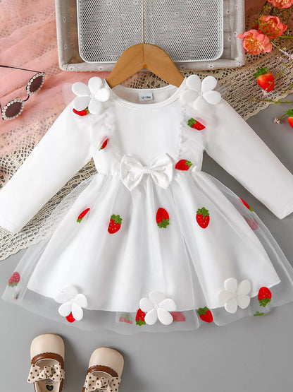 Children's Bow Decor Ruffle Trim Dress White
