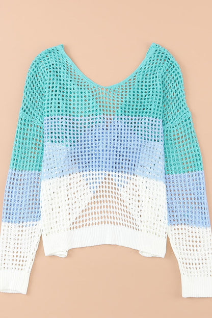 Back To School Sweater - Twisted Back Color Block Long Sleeve Knit Cover Up