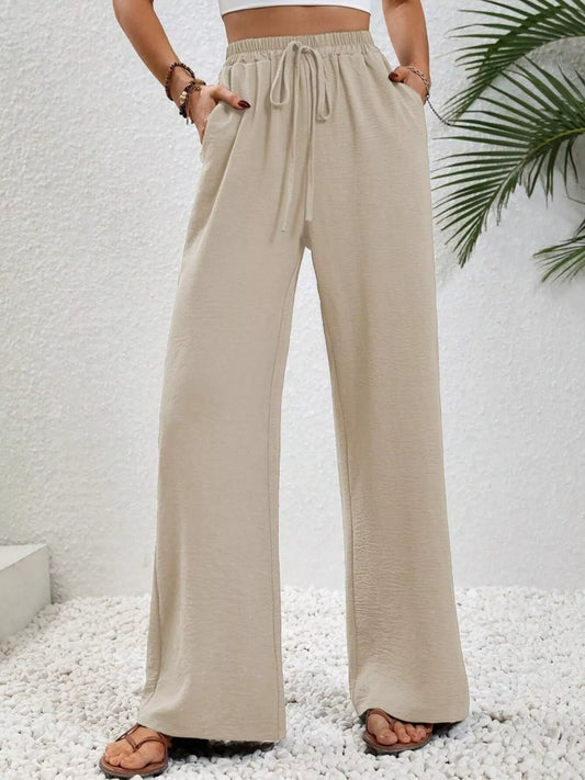 Casual Drawstring Wide Leg Pants Apricot