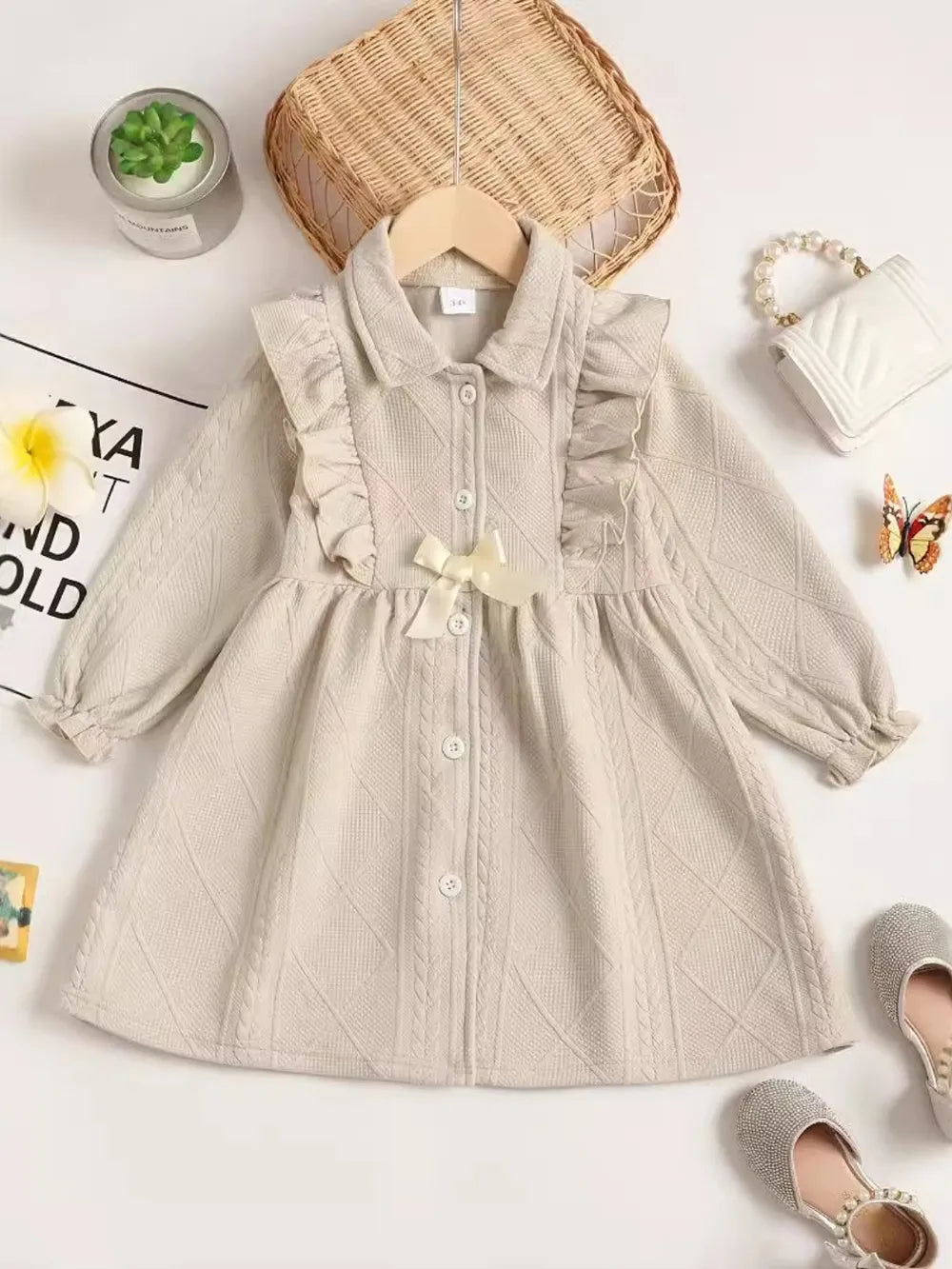 Children's Ruffled Bow Collared Neck Dress Beige