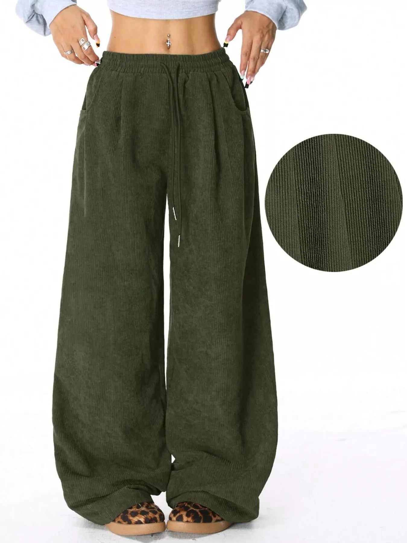 Relaxed Fit Corduroy Pants with Drawstring