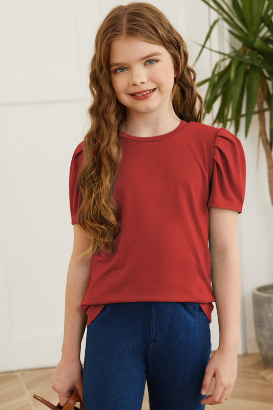 Round Neck Puff Sleeve T-Shirt Deep Red