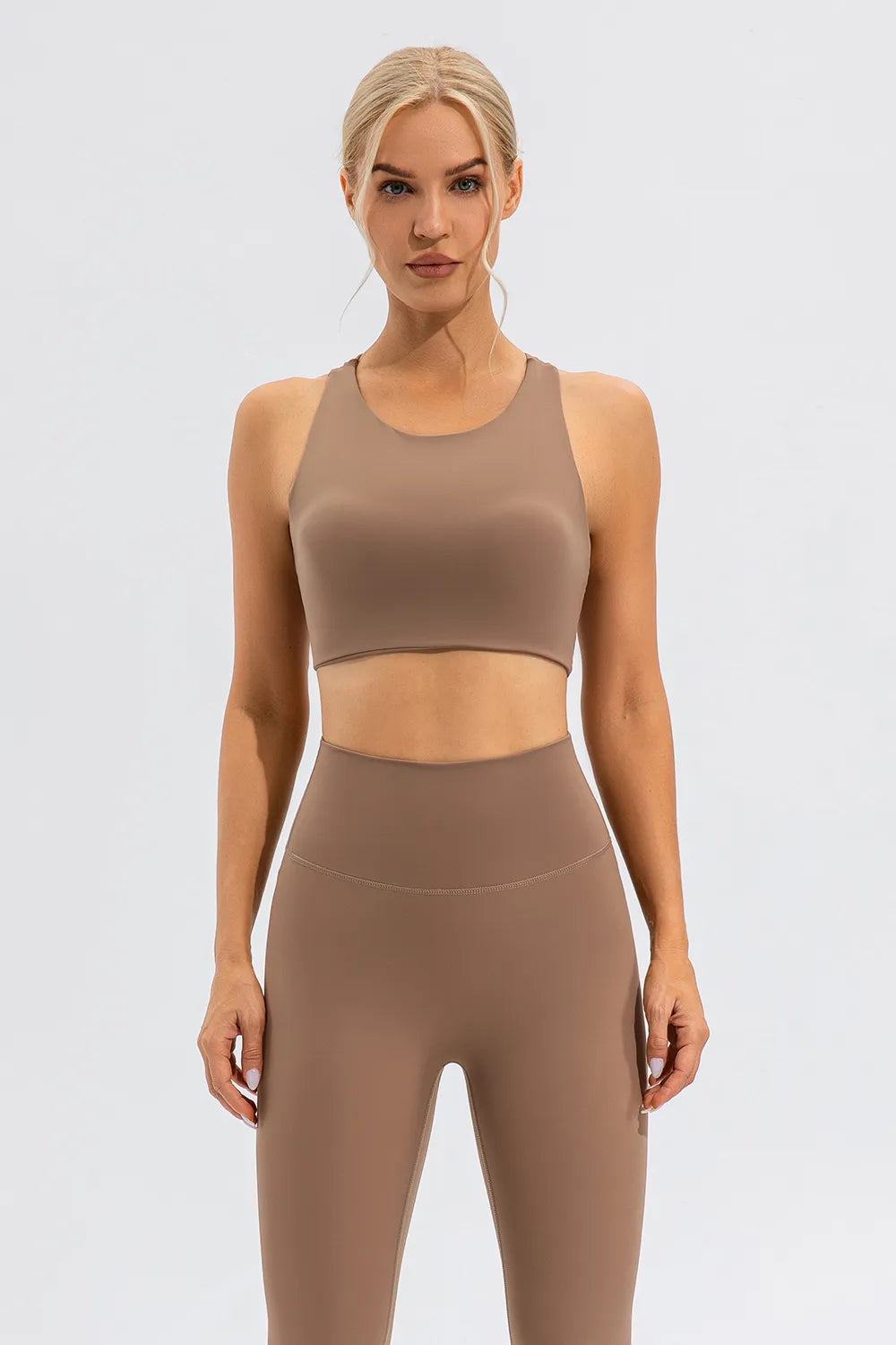 Round Neck Cutout Cropped Active Tank Camel
