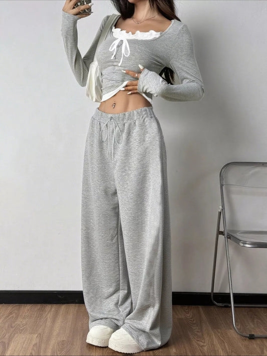 Tied Long Sleeve Top and Pants Set Light Gray