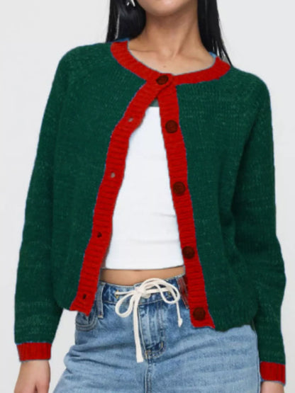 Contrast Trim Button-Up Cardigan Green