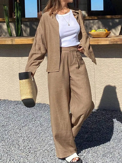 Full Size Relaxed Fit Button Up Shirt and Pants Two-Piece Set Plus Size Khaki