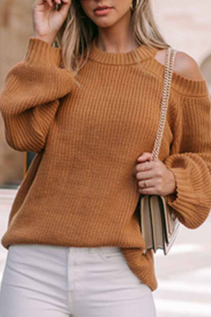 Back To School Sweater - Cutout Back Cold Shoulder Long Sleeve Sweater