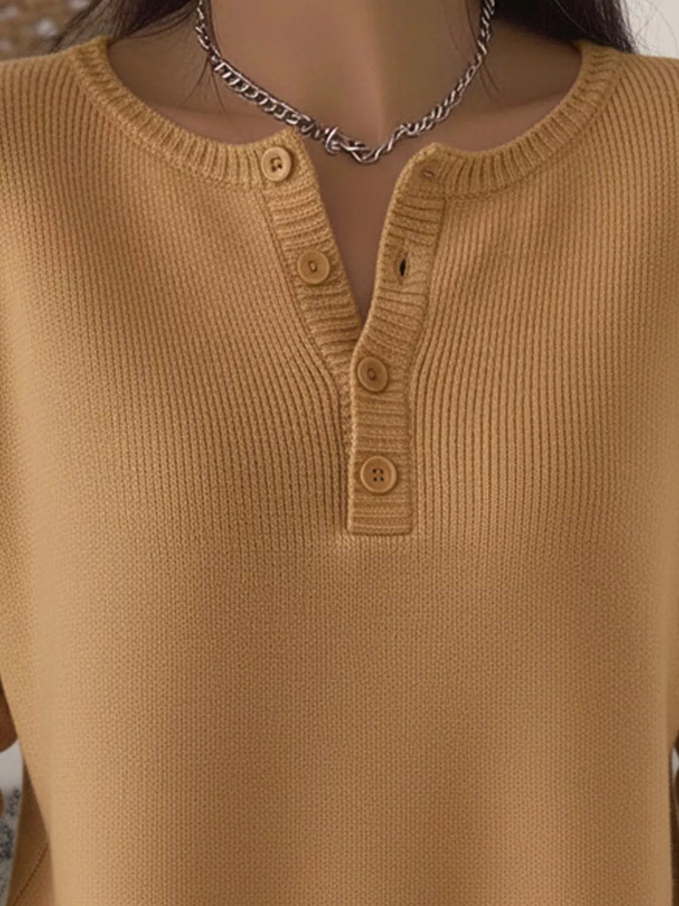 Full Size Half Button Long Sleeve Knit Top Plus Size